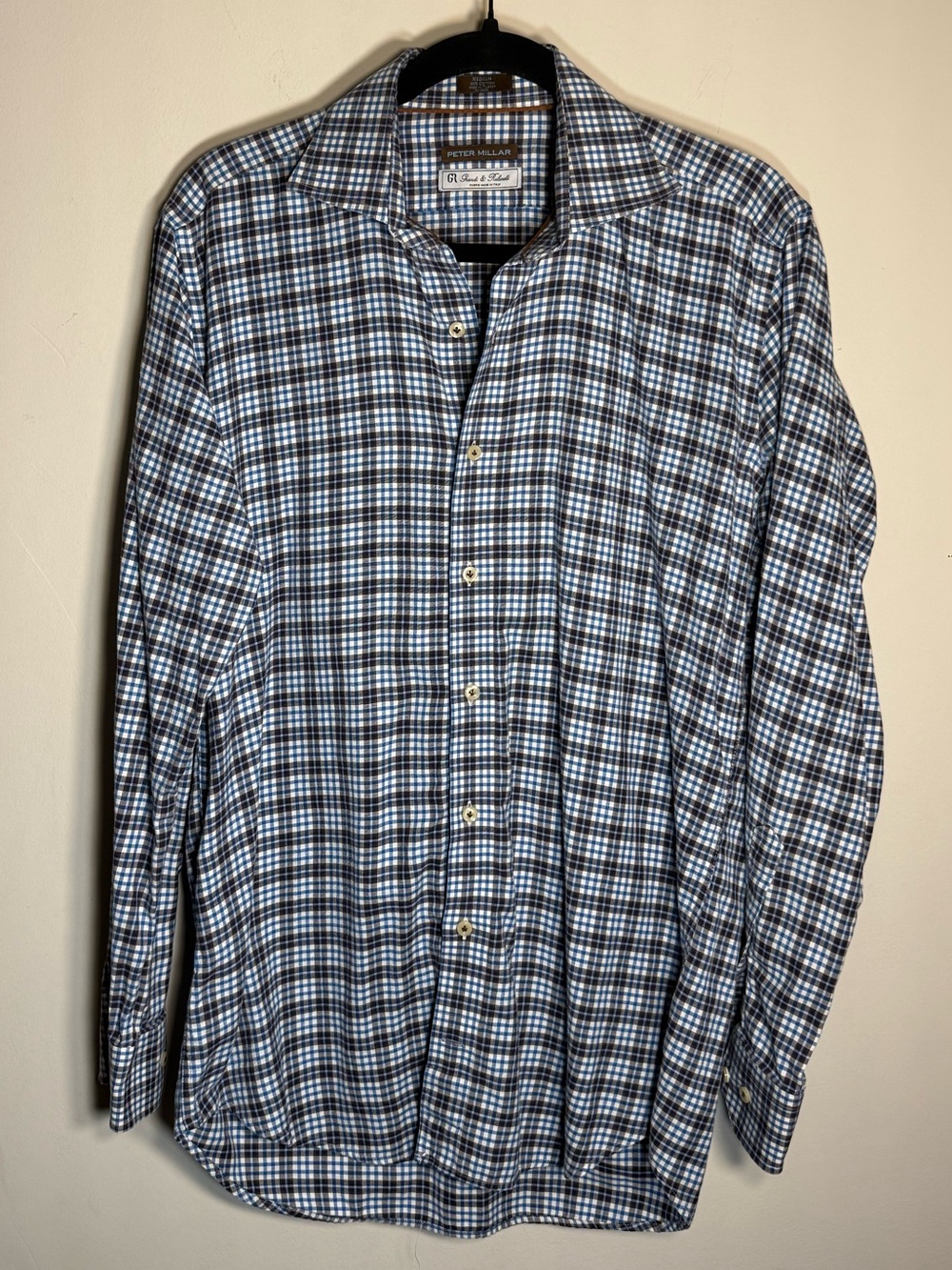 Peter Millar Grandi & Rubinelli Blue Brown Plaid Button Front Dress Shirt